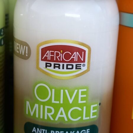 African pride olive miracle Anti breakage formula  7 in 1 leave in Moisture restore and refresher.